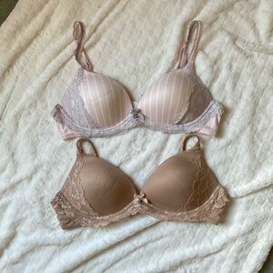 Victoria’s Secret Elegant Lace Trimmed Bra Set - Pink and Tan, no underwire.